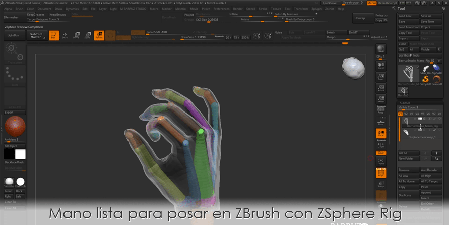 Mano lista para posar en ZBrush con ZSphere Rig